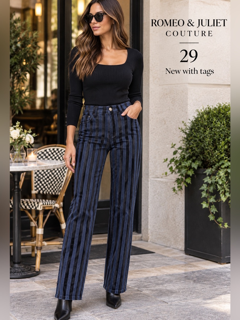 Romeo & Juliet jeans Womens 29 Dark Blue Denim Black Velvet Stripe straight leg